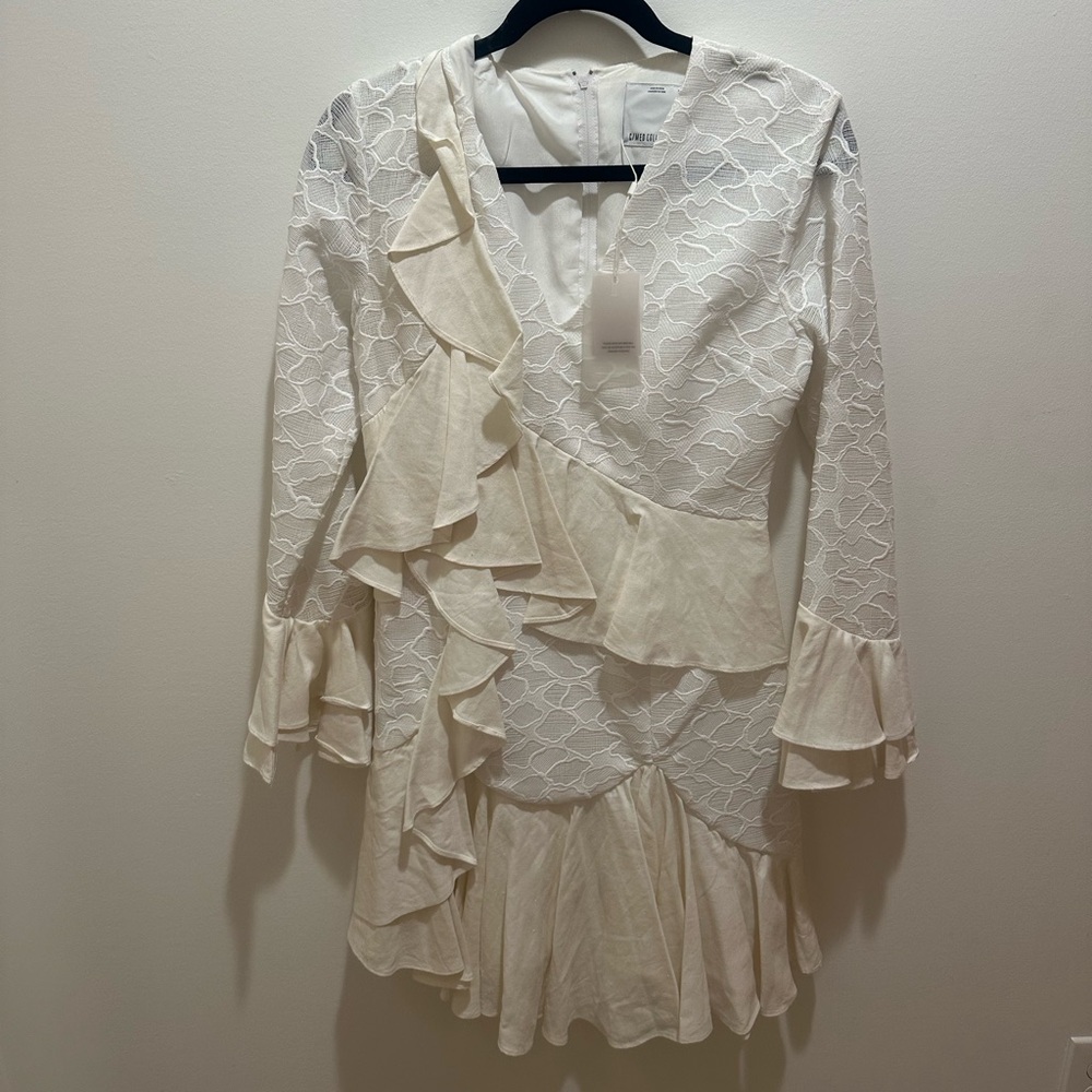 NWT C/MEO Collective Ivory Ruffle Long Sleeve Mini Dress
